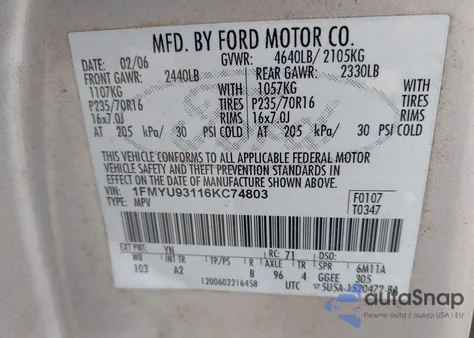 2006 Ford Escape Xlt/Xlt Sport from USA, damaged, VIN 1FMYU93116KC74803